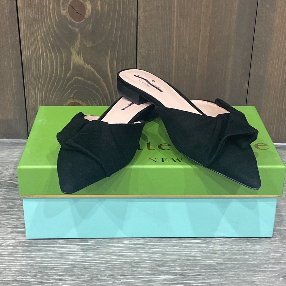 NEW Kate Spade  Black Suede Women's Fayrn Flat Mule Point Toe Ruffle Bow US 9M
